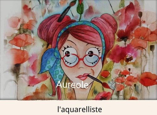 Illustration : aquarelle, represente une aquarelliste, pinceau en bouche. fond coquelicots