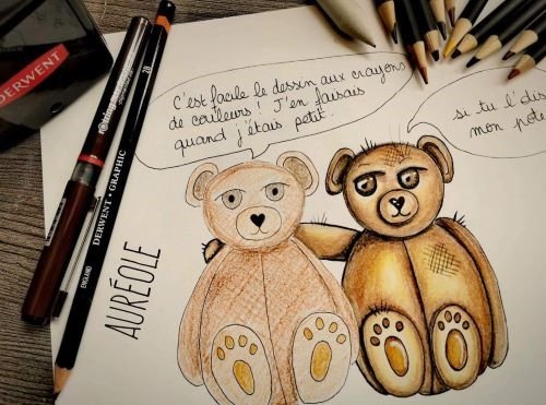 dessin aux crayons de couleur. deux ours en peluche discutent 